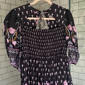 Anthropologie Black Midi Dress with Pink Floral Print